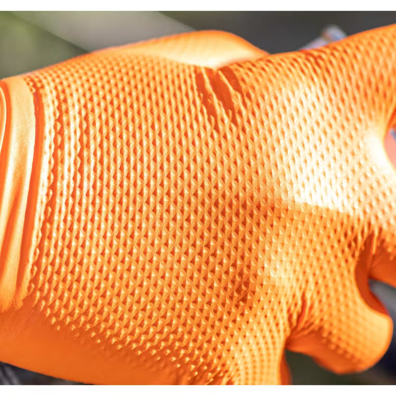 50 verstärkte Nitrilhandschuhe extra stark. Farbe orange. Nicht nur als Einweghandschuhe zu benutzen.