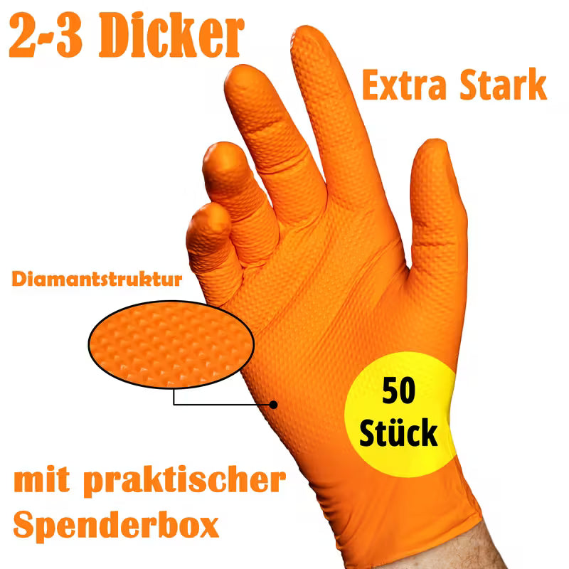 50 verstärkte Nitrilhandschuhe extra stark. Farbe orange. Nicht nur als Einweghandschuhe zu benutzen.