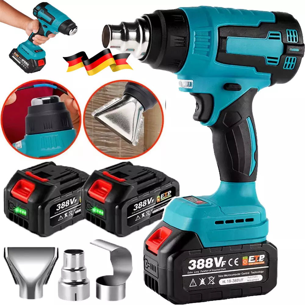 Akku-Heißluftgebläse bis 400 °C inklusive 2 Akkus und Ladegerät