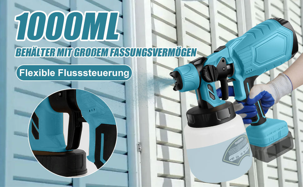 Akku Farbsprühsystem Lackierpistole mit 2 Düsen mit 1000ml Behälter