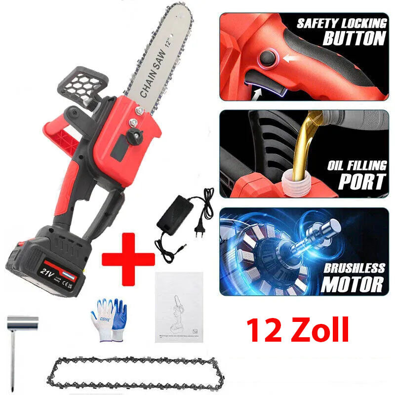 Mini-Akku-Kettensäge 12 Zoll!  Inkl. 3,0 Ah Li-Ion-Akkus und Ladegerät.
