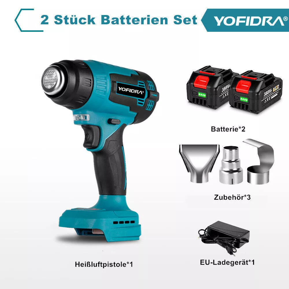 Akku-Heißluftgebläse bis 400 °C inklusive 2 Akkus und Ladegerät