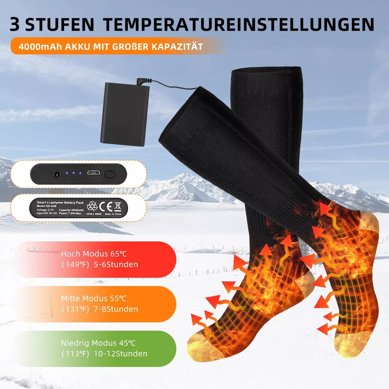 Heizbares Paar Socken mit 2 x Akku 4000 mAh. Nie mehr kalte Füße! Perfekt in der kalten Jahreszeit.