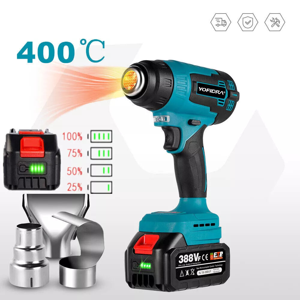 Akku-Heißluftgebläse bis 400 °C inklusive 2 Akkus und Ladegerät