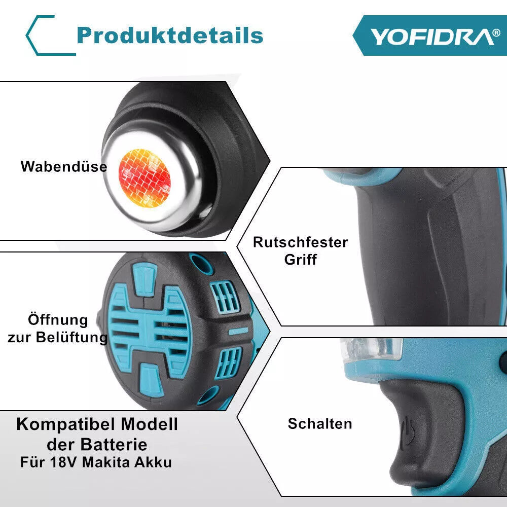 Akku-Heißluftgebläse bis 400 °C inklusive 2 Akkus und Ladegerät