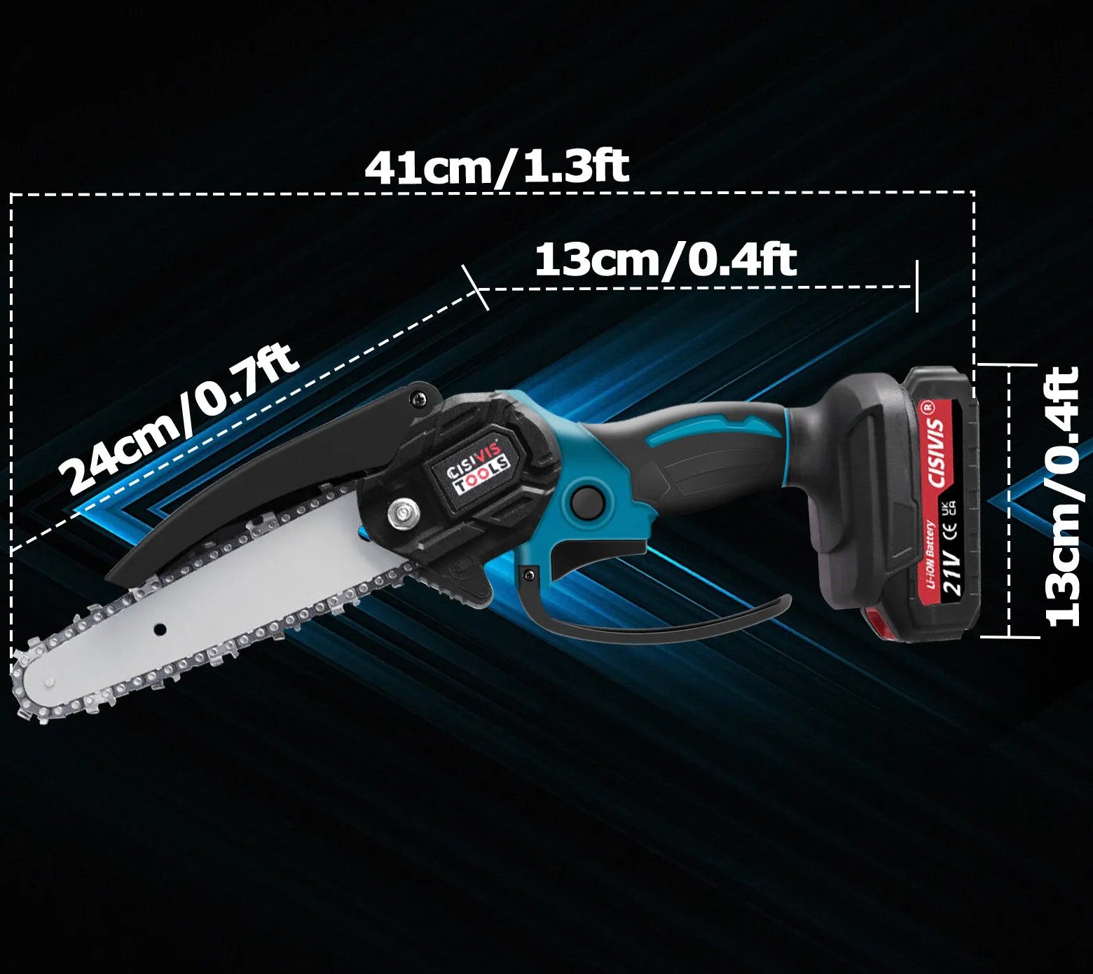 Mini-Akku-Kettensäge 4 und 6 Zoll. (2 Ketten-Längen). Inkl. 2 Li-Ion-Akkus und Ladestation.