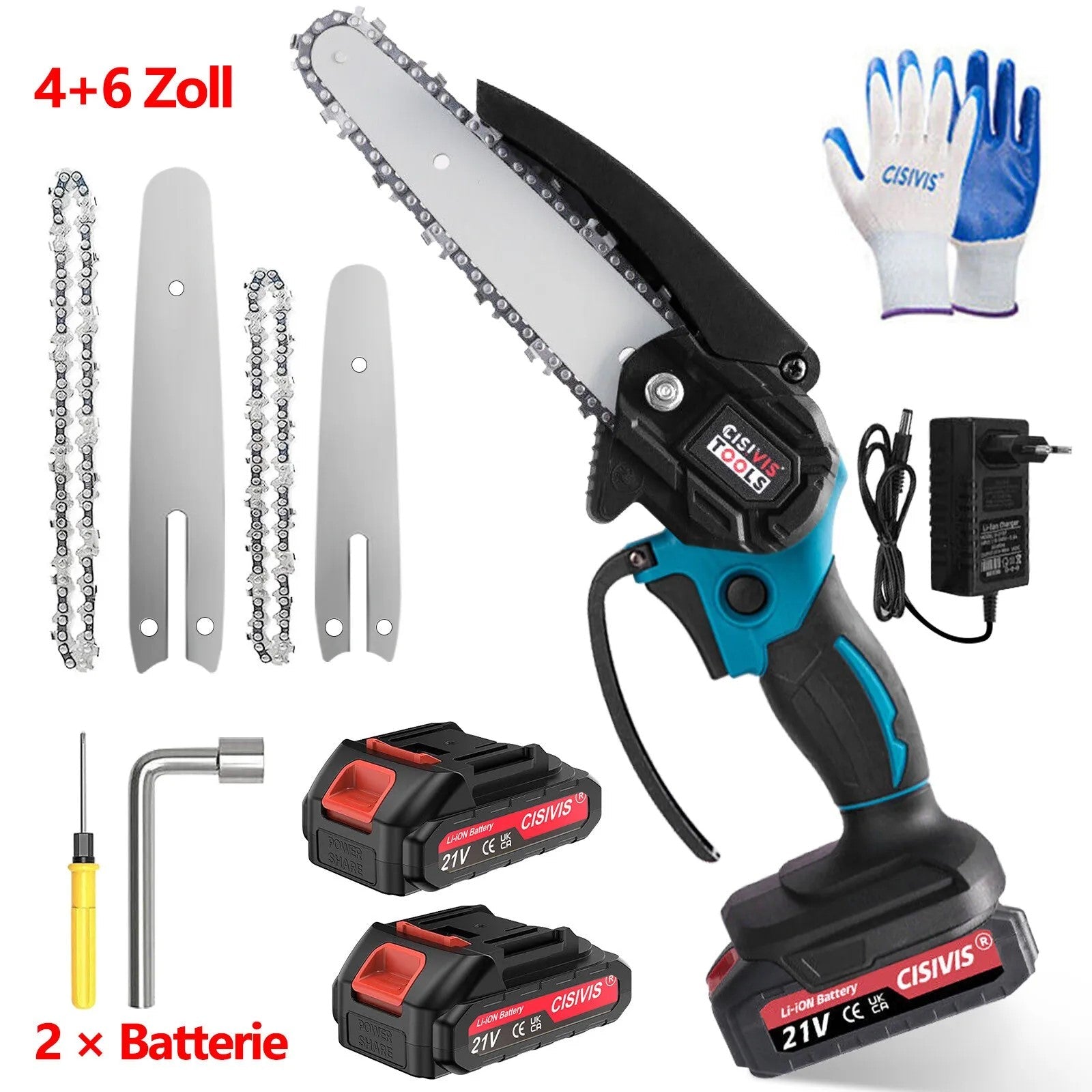 Mini-Akku-Kettensäge 4 und 6 Zoll. (2 Ketten-Längen). Inkl. 2 Li-Ion-Akkus und Ladestation.
