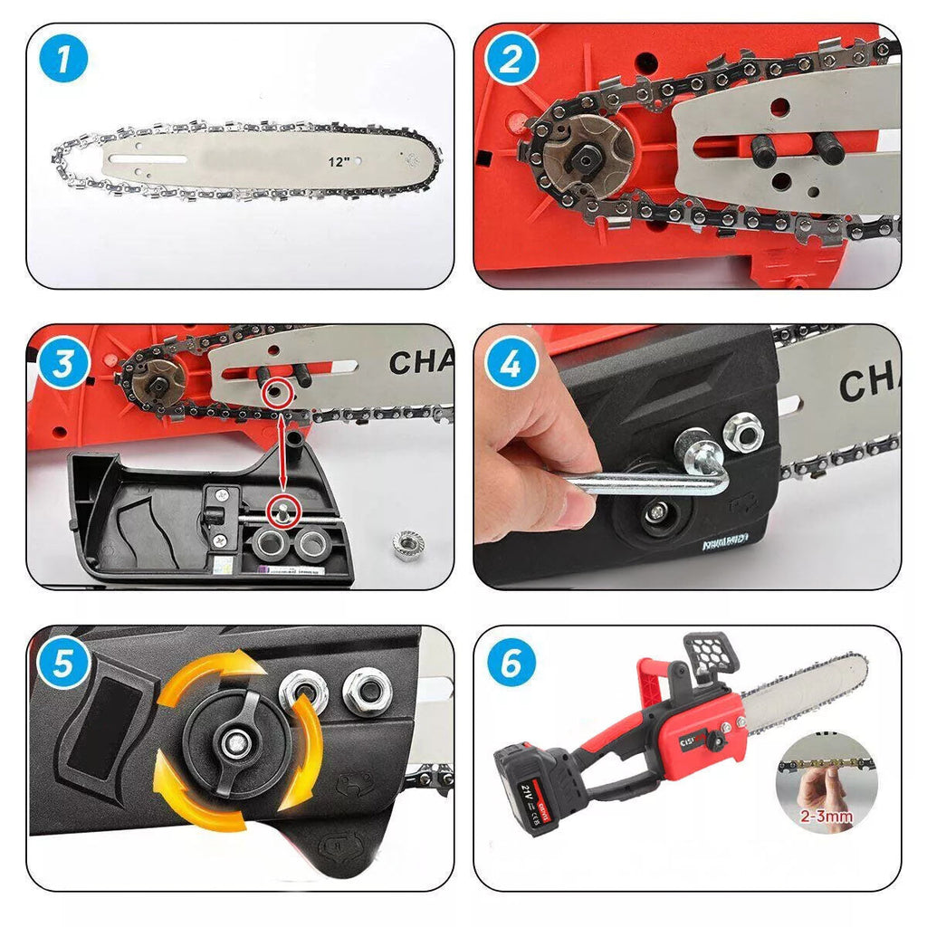 Mini-Akku-Kettensäge 12 Zoll!  Inkl. 3,0 Ah Li-Ion-Akkus und Ladegerät.